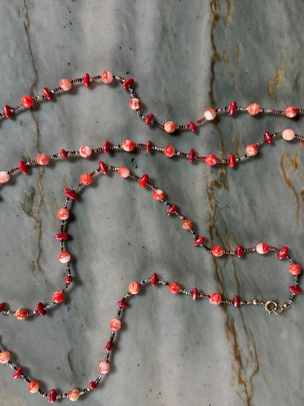 Long Rope Beaded Necklace 60" Pink Coral Cream Marble Bead Boho Wrap Layering